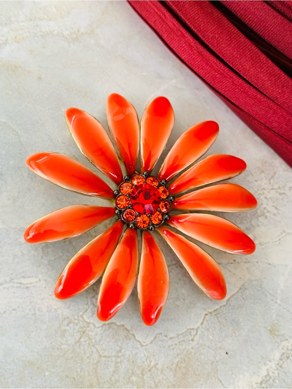 Vintage Orange Floral Enamel Brooch with Red Crystal Center